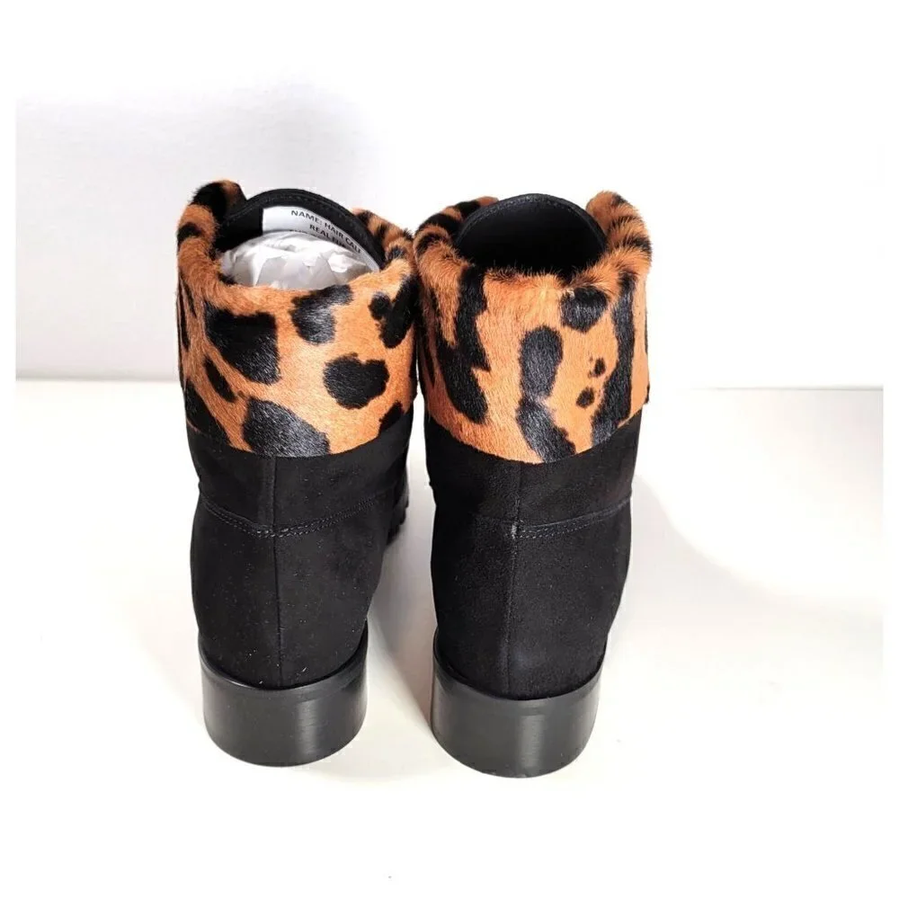 Made In Italy Leopard Animal Print Laced Up Suede Booties Boots Black US 8 EU 38